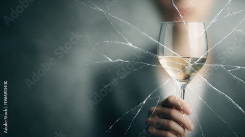Close-up of a hand holding a cracked wine glass filled with white wine, with a blurred figure in the background, emphasizing the fragility of addiction and the consequences of alcohol consumption