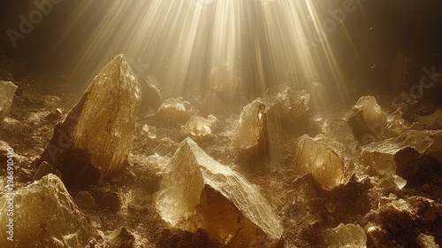 Golden cavern illuminated by sunlight, featuring geological formations and crystalline structures