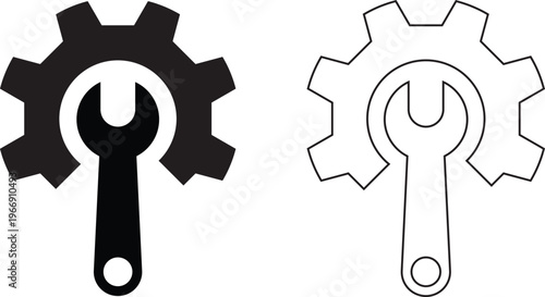 Two distinct icons displaying a gear and a wrench symbolizing settings maintenance and repair services technical support development options