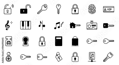 Editable Filled Key Icon Collection with Lock Unlock Fingerprint Treble Clef Vector