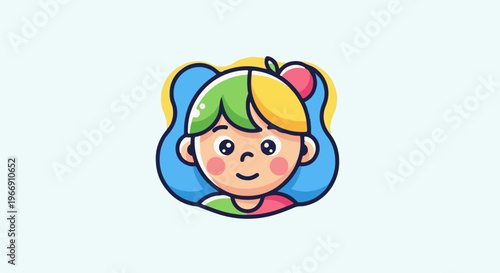 Cheerful cartoon girl with colorful hair and rosy cheeks