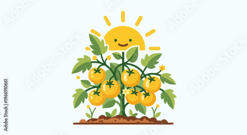Cheerful cartoon sun shines on a growing tomato plant with ripe fruit