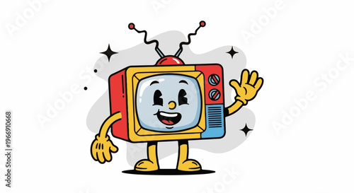 Cheerful cartoon retro television character waving with a friendly smile