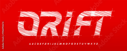 Drift lettering, stylized alphabet set, speed emotion, motion energy. Racing branding, poster, apparel, gaming, automotive identity. Grunge futuristic display typography. Vector illustration