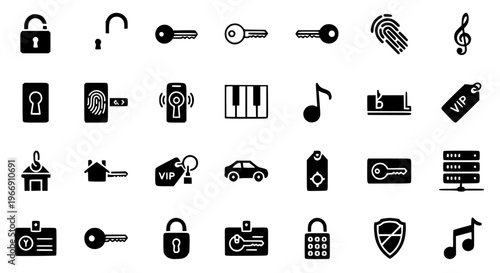 Key Icon Set Filled Vector with Lock Unlock Fingerprint Treble Clef Piano Symbols