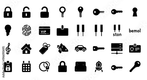 Filled Key Icon Set with Lock Unlock Fingerprint Musical and Access Symbols Vector