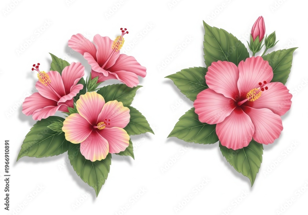 Obraz premium Elegant pink hibiscus flowers with lush green leaves in a serene arrangement