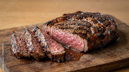 Grilled steak cut on wooden board with three slices showing meat