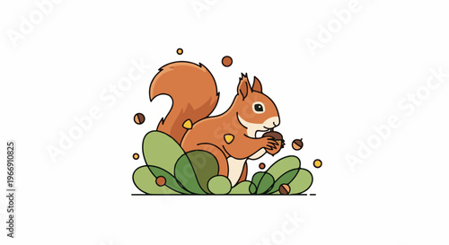 Cartoon squirrel with bushy tail holding a nut surrounded by leaves and acorns