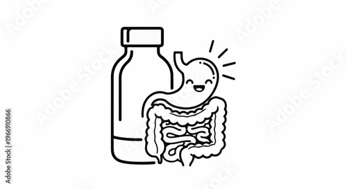 Cartoon stomach, intestines, and bottle illustration