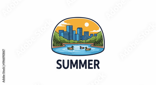 Cartoon style city park with pond, ducks, trees, and skyscrapers