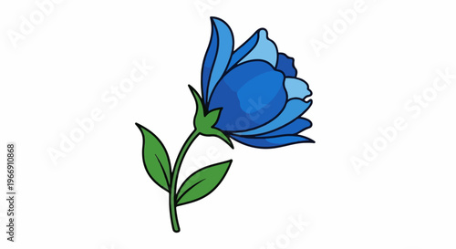 Cartoon style blue flower with green leaves and stem