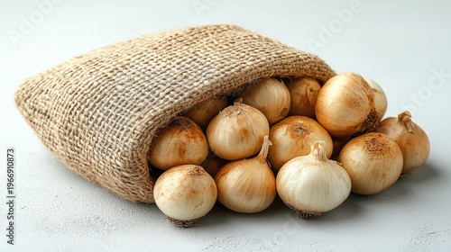 Harvested onions in a burlap sack offering a rustic and natural culinary experience