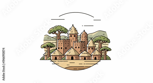 Cartoon style drawing of an African village with thatched huts and a central stone tower