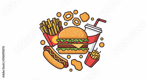 Cartoon style illustration of a fast food meal with a burger, fries, and drink