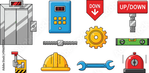 Elevator Control System Vector Icons Set with Gear, Button, and Warning Signals for Mechanical Engineering and Industrial Applications