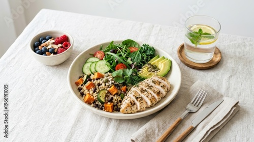 A healthy meal consisting of salad with grilled chicken served on a table with cutlery and a glass of water