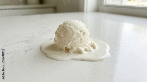 A scoop of melting ice cream on a white marble countertop near a window