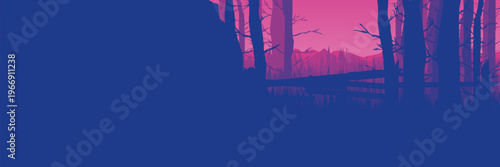 Dark blue violet forest landscape banner for evening event promotion