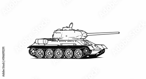 Black and white illustration of a military tank with a long barrel and tracks