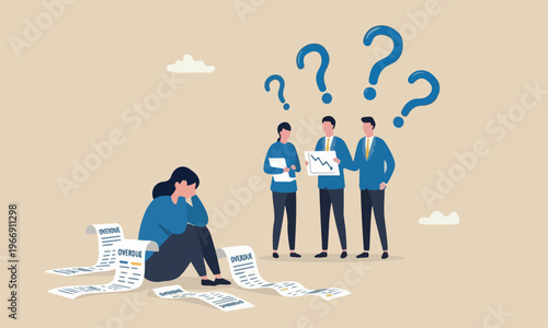 Credit card debt,meeting teams together peak or trouble, consumerism or buying addicted causing financial problem concept, hopeless woman sitting with long list overdue bills on credit card