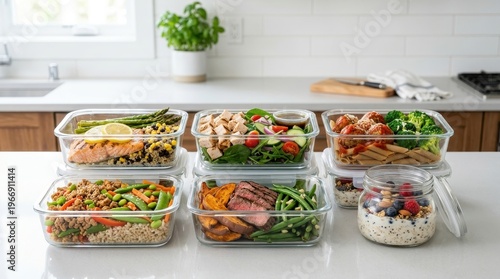 Variety of healthy food in glass containers on kitchen countertop with fresh vegetables and fruits.