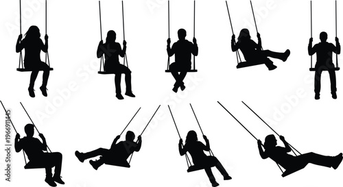 Black Silhouette Vector Set of People Sitting and Swinging on Swing Set Isolated on White Background for Minimalist Graphic Design and Outdoor Activity Illustrations