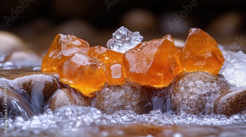 Illuminated resin pieces and ice on river stones create a captivating scene of nature