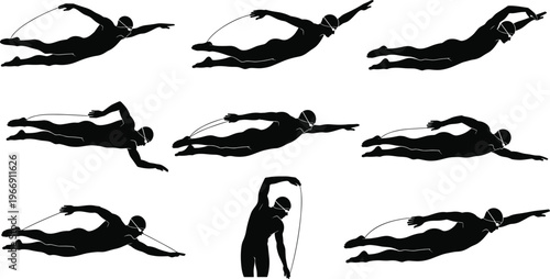 Collection of Black Vector Silhouettes Featuring Male Swimmers Performing Front Crawl and Freestyle Strokes During Professional Swim Training Sessions Isolated on a White Background