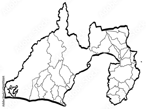 静岡県地図 筆タッチ 市町村区分 和風 中部地方 日本 / A brushstroke map of Shizuoka prefecture 2