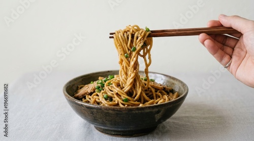 A hand holds chopsticks lifting noodles from a bowl on a table