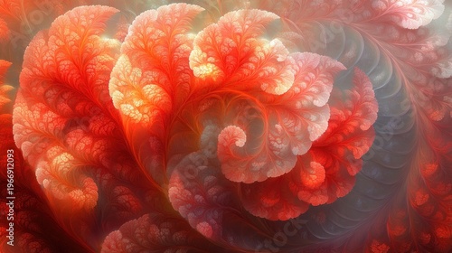 Intricate fractal art displaying a blend of red orange and white shades  creating a complex and