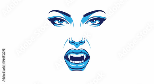 Blue stylized face with intense eyes, sharp fangs, and open mouth