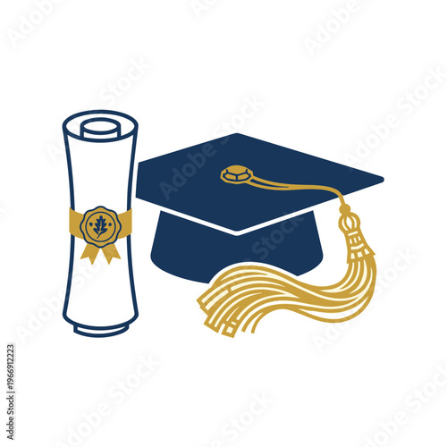 Graduation Cap and Diploma Scroll Icon.