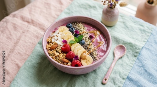 A vibrant bowl of smoothie topped with banana slices and fresh fruits on a table