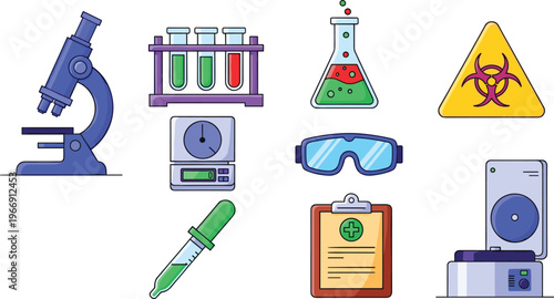 Laboratory Science Icons Set with Microscope, Test Tubes, Hazard Sign, and Medical Equipment for Research and Healthcare Applications