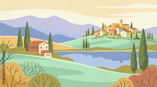 Idyllic Tuscan landscape with village, lake, rolling hills and cypress trees