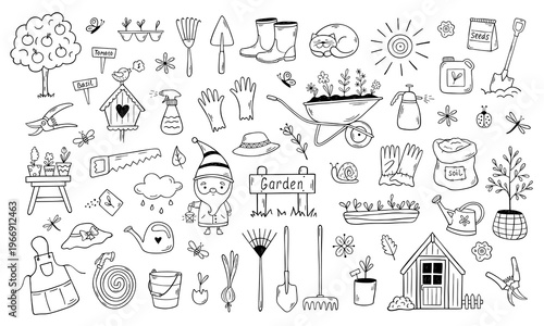 Cute hand drawn garden doodle set with tools, plants, gnome and nature elements. Outline vector collection for gardening, farming and spring design isolated on white background.