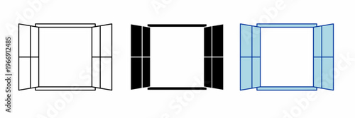 Minimal open window vector set in outline, solid, and colored styles. Perfect for architecture, interior design, UI icons, ventilation concepts, and home illustration projects.