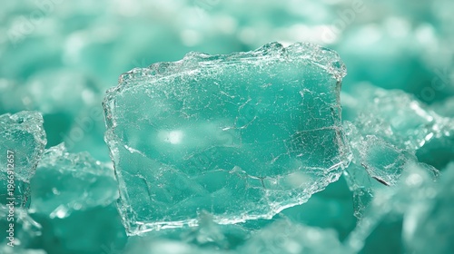 Macro shot of crystal ice block with light blue frozen textures and jagged edges