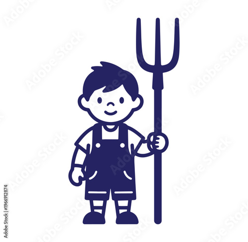 boy holding pitchfork in hand standing alone