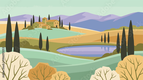 Stylized illustration of a scenic Tuscan landscape with village and lake