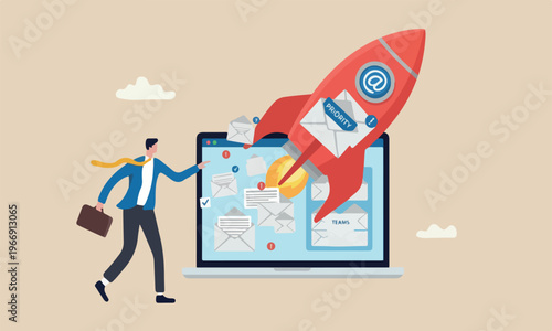Email management meeting teams rocket reply all emails, efficiency or productive way, prioritize or categorize information concept, businessman work with computer laptop on email envelope