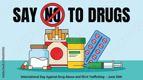 Anti Drug Abuse Awareness Campaign Poster with Cigarettes Pills and Syringe Vector for International Day Against Drug Abuse
