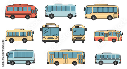 Diverse collection of public transportation buses in different colors, sizes, and viewing angles like front, side, and rear on white background.