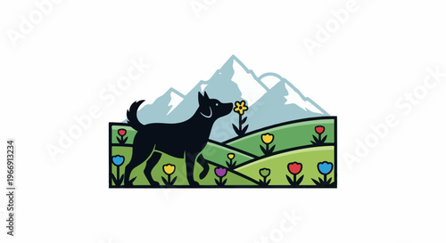 Black dog on a hillside with flowers before mountains