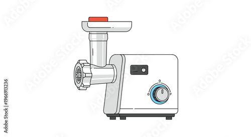 Technical illustration of a modern white and silver electric meat grinder with a blue control knob, isolated on a plain white background.