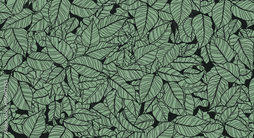 Dense seamless botanical pattern featuring a thick layering of detailed green leaves with prominent veins against a dark black background.