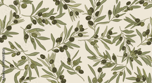 Seamless pattern with hand drawn green olive branches and black olives on a light background for textile or wallpaper design.