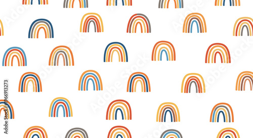 Minimalist seamless pattern with small hand drawn rainbows in warm earth tones on a white background for nursery or kids room decor.
